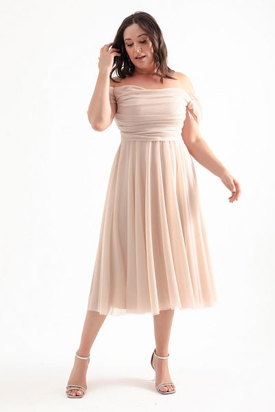 Lafaba Beige Draped Boat Neck Midi Large Size Flared Evening Dress
