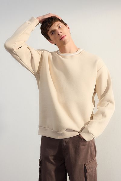 Trendyol Collection Béžový prémiový oversize límec – pletená fleecová mikina s páskem Tmnaw25Sw00093