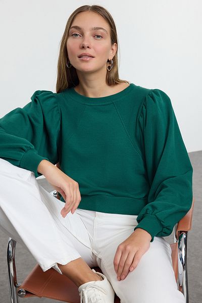 Trendyol Collection Smaragdově zelená pletená mikina s balonovým rukávem – tlustá regulérní TWOAW25sw00186