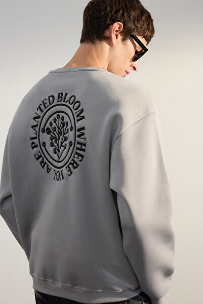Trendyol Collection Fleece szürke virágos hímzett oversize pamut pulóver - TMNAW24sw00012