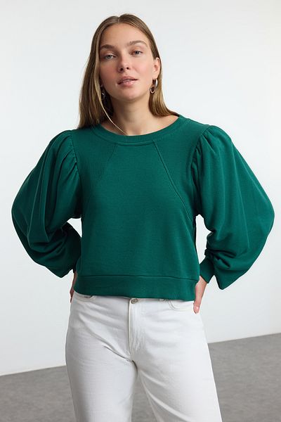 Trendyol Collection Smaragdově zelená pletená mikina s balonovým rukávem – tlustá regulérní TWOAW25sw00186