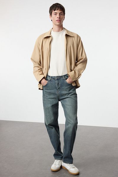 Trendyol Collection Sötétkék Distressed Effect Baggy/90-es évek Straight Fit Jeans Laza farmer nadrág TMNSS24JE00012