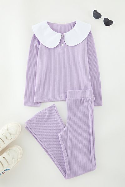 TRENDYOLKIDS Lilac Girl's Printed Knitted Top and Bottom Set Tkdaw25Au00128