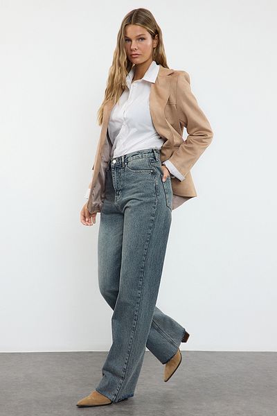 Trendyol Collection Blugi albaștri cu talie înaltă cu picioare late TWOAW25JE00332