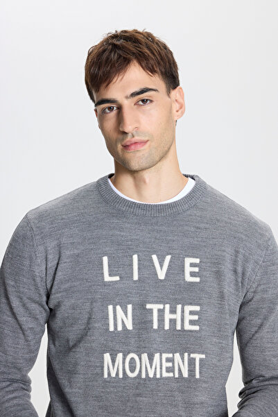 ALTINYILDIZ CLASSICS Pulover pentru bărbați gri cu gât cu imprimeu din tricotaje - țesătură care nu gătește, potrivire standard