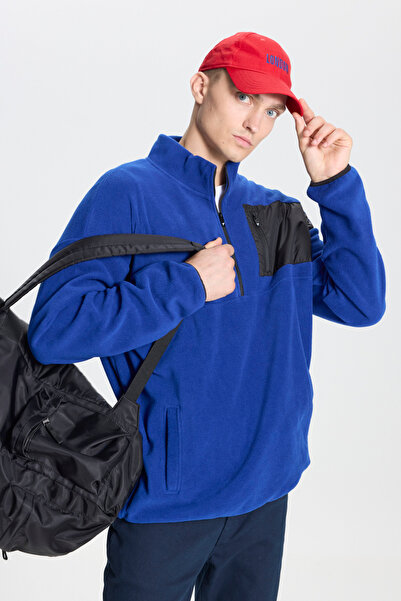 AC&Co / Altınyıldız Classics Men's Saks Oversize Loose Cut Stand-Up Bato Collar Pocket Detailed Zipper Cold-Proof Fleece Sweatshirt