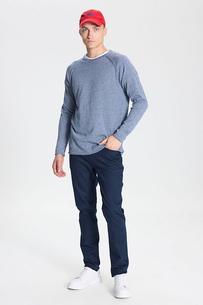 AC&Co / Altınyıldız Classics Indigo-ecrufarbener Standard-Strickpullover für Herren mit normalem Schnitt und Rundhalsausschnitt aus Baumwoll-Muline-Strick