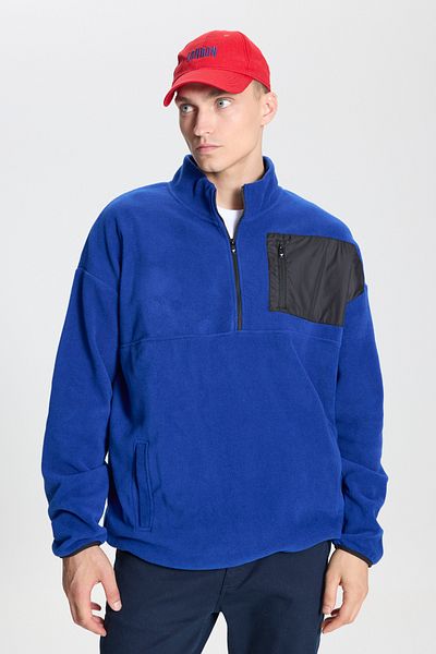 AC&Co / Altınyıldız Classics Ανδρικά Saks Oversize Loose Cut Stand-Up Bato με γιακά τσέπη με λεπτομερή φερμουάρ και κρύο ανθεκτικό φλις φούτερ