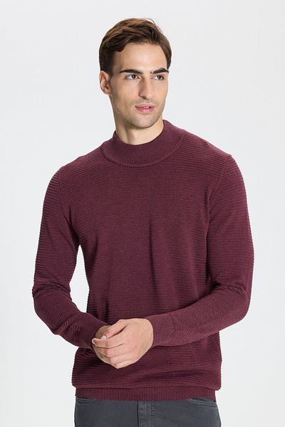 AC&Co / Altınyıldız Classics Pánsky pletený sveter s bavlneným vzorom Claret Red Standard Fit s polovičným rolákom