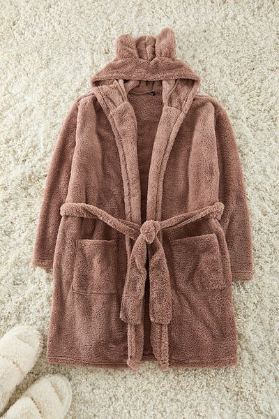 Trendyol Collection Brown Belted Hood, Ear and Pocket Detailed Wellsoft Winter Knitted Dressing Gown Thmaw25Sb00007