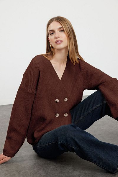 Trendyol Collection Кафява мека двуредна трикотажна жилетка Twoaw25Hi00163
