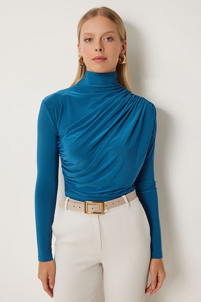 Happiness İstanbul Petrolgrüne, geraffte, detaillierte Sandy-Bluse mit Stehkragen für Damen FF00135