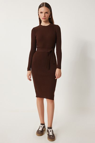 Happiness İstanbul Dunkelbraunes Lycra-Strickkleid mit Rundhalsausschnitt für Damen MT00104