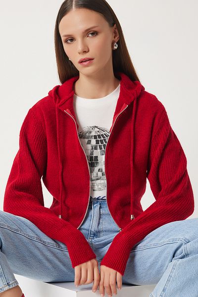 Happiness İstanbul Cardigan roșu cu glugă și fermoar pentru femei YY00203