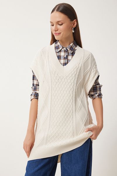 Happiness İstanbul Women's Cream V-Neck Motif Long Knitwear Sweater Nv00072