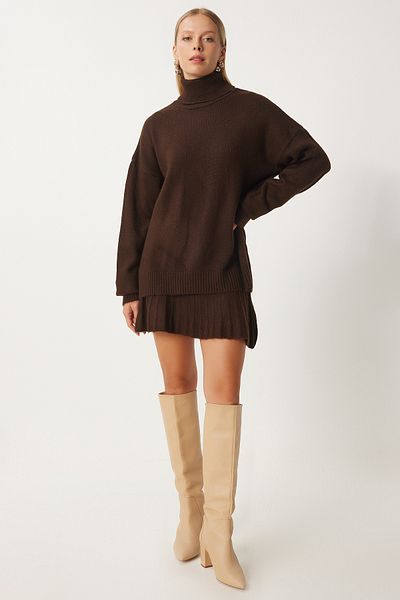 Happiness İstanbul Brauner Rollkragenpullover-Rock-Anzug für Damen DD01343