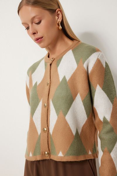 Happiness İstanbul Green Patterned Biscuit Knitwear Women's Cardigan - Us00936