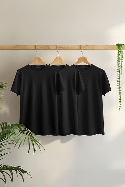 Trendyol Collection Μαύρο πακέτο 3 Μαύρο μπλουζάκι με λεπτή/λεπτή εφαρμογή με λαιμόκοψη βασικό 100% βαμβάκι TMNSS19BO0007