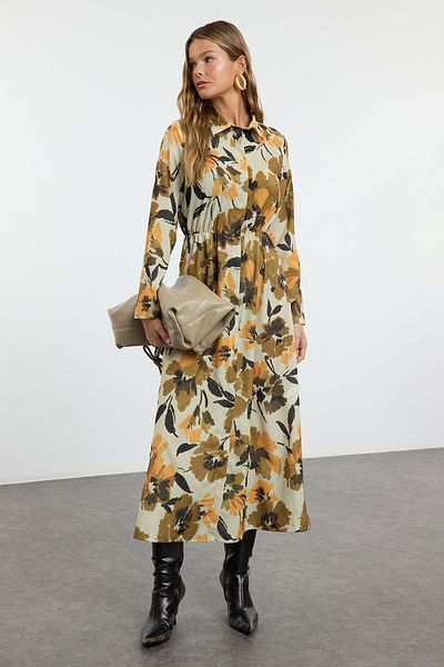 Trendyol Modest Μπεζ φλοράλ στάμπα Πλισέ υφαντό πουκάμισο με κουμπιά φόρεμα TCTAW25EB00121