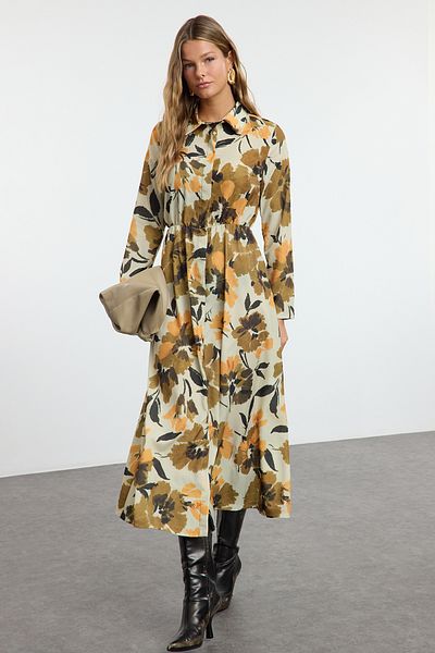 Trendyol Modest Μπεζ φλοράλ στάμπα Πλισέ υφαντό πουκάμισο με κουμπιά φόρεμα TCTAW25EB00121