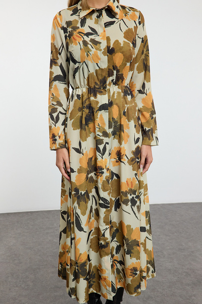 Trendyol Modest Μπεζ φλοράλ στάμπα Πλισέ υφαντό πουκάμισο με κουμπιά φόρεμα TCTAW25EB00121