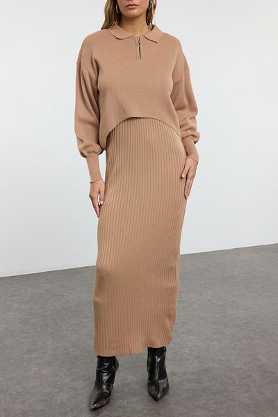 Edit by Trendyol Sukienka swetrowa o długości maxi w kolorze camelowym - Tedaw25El00020