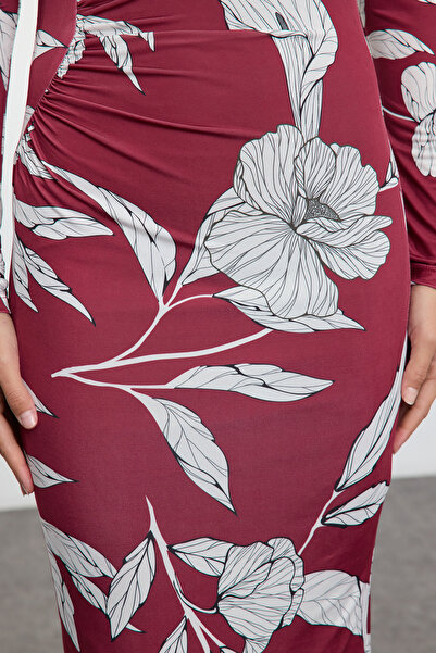 Trendyol Collection Stretchy Gather Detailed Midi Knitted Dress - Printed Twoaw25El00519