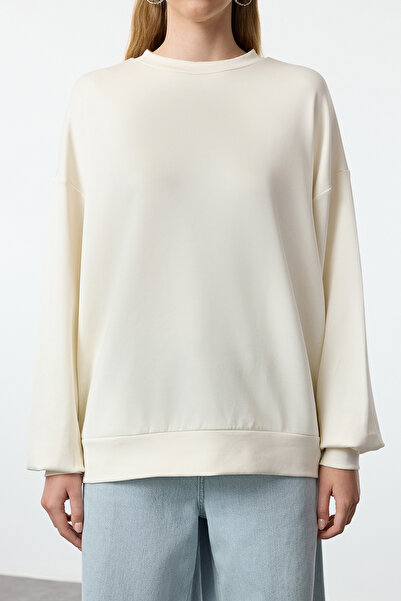 Trendyol Collection Crew Neck Oversize Knitted SWeatshirt - Stone Soft Buttoned TWOAW25sw00077