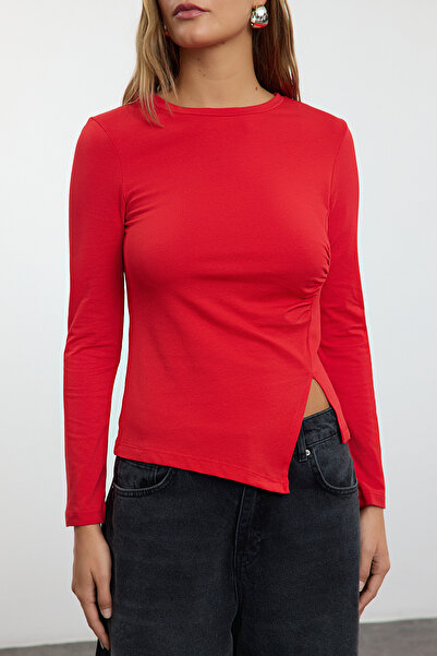 Trendyol Collection Crew nyakú, egy hasított piros kötött blúz - húzózsinór, TWOAW24BZ00388