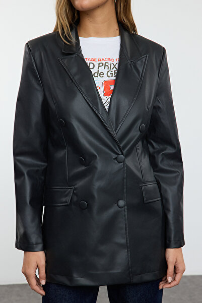 Trendyol Collection Černá umělá kůže s pravidelnou podšívkou, dvojité zapínání, tkané sako TWOAW21CE0156