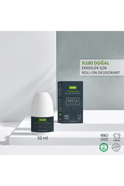 Incia %100 Doğal Roll On Deodorant Erkeler İçin Ter Kokusu Önleyici Lekesiz 50 ml X 2 Adet