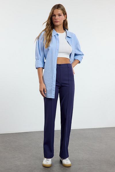 Trendyol Collection Marineblaue, gerade geschnittene, gerippte, genähte Webhose mit hoher Taille TWOSS21PL0093