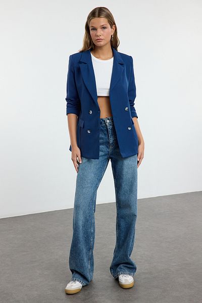 Trendyol Collection Indigofarbener, regelmäßig gefütterter, zweireihiger, gewebter Blazer-Jacke TWOAW21CE0264
