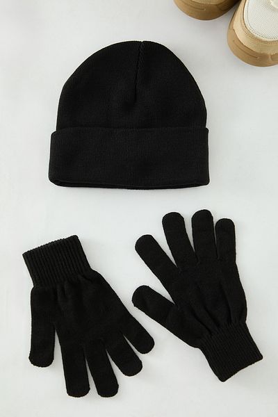 Edit by Trendyol Unisex černo-černá sada 2dílných měkkých rukavic s čepicí