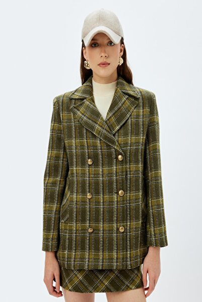 Koton Kostkovaný vzorovaný khaki dámský kabát - 5Wak00332Ew