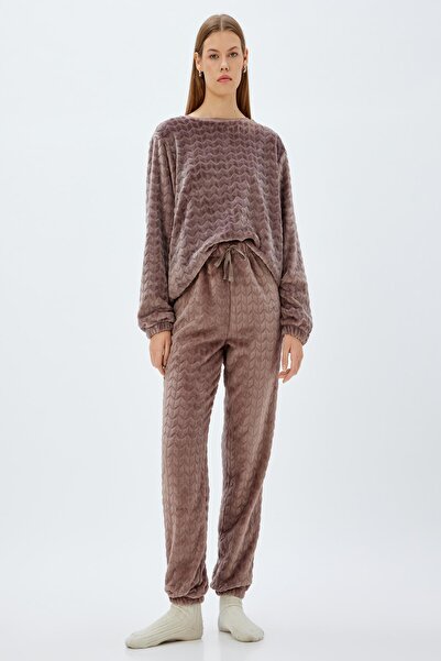 Koton Fleece-Pyjama-Oberteil mit Rundhalsausschnitt – elastische Manschette, strukturiert 5WLK40112MK