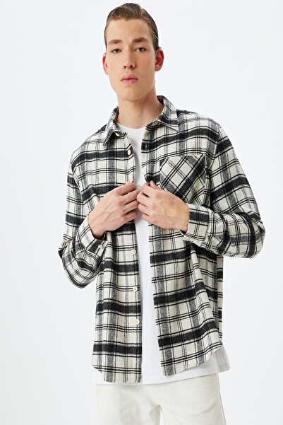 Koton Ecru kariertes Herren-Erwachsenenhemd 5WAM60024HW