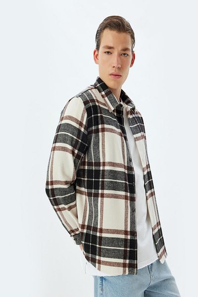Koton Ecru Plaid Men's Adult Shirt 5Wam60019Hw