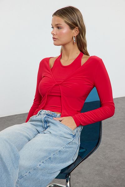 Trendyol Collection Rugalmas piros illeszkedő kötött blúz - Singlet Look TWOAW24BZ00406