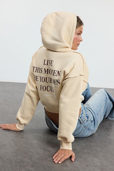 Trendyol Collection Πλεκτό φούτερ Fleece - Stone Slogan print, Wide Fit, Crop - Twoaw25Sw00182