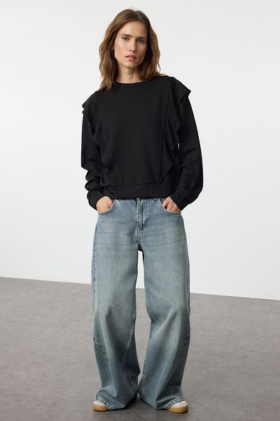 Trendyol Collection Удобен черен плетен суичър - детайли с волани Twoaw25sw00080