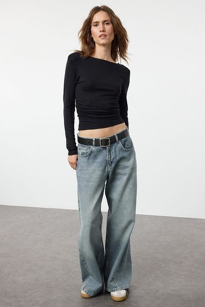 Trendyol Collection Μαύρη εφαρμογή/στενή εφαρμογή με κορδόνια/κουρτίνα με λεπτομέρεια με λαιμόκοψη ελαστική πλεκτή μπλούζα TWOAW25BZ00225