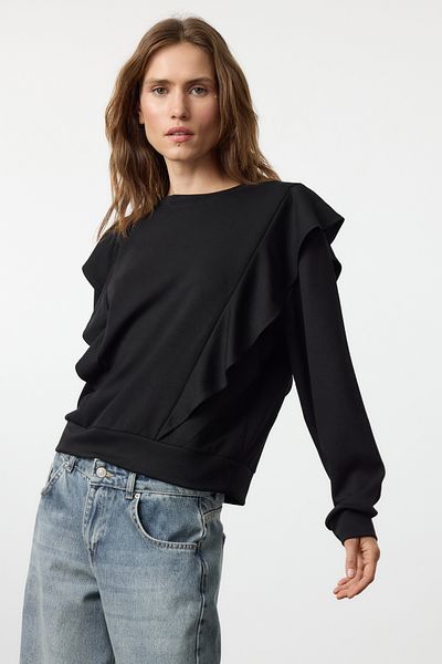 Trendyol Collection Удобен черен плетен суичър - детайли с волани Twoaw25sw00080