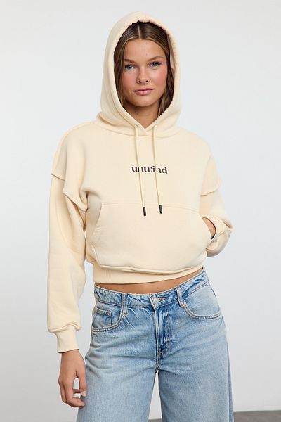 Trendyol Collection Πλεκτό φούτερ Fleece - Stone Slogan print, Wide Fit, Crop - Twoaw25Sw00182