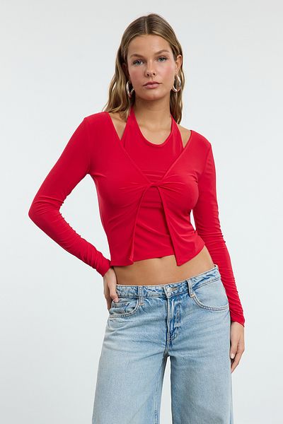 Trendyol Collection Rugalmas piros illeszkedő kötött blúz - Singlet Look TWOAW24BZ00406