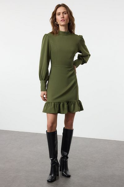 Trendyol Collection Μίνι φόρεμα με όρθιο γιακά σε γραμμή Α - Χακί TWOAW21EL1816