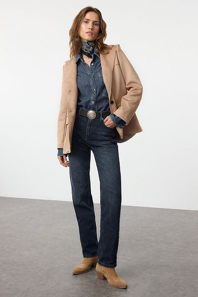 Trendyol Collection Magas derekú sötétkék hosszú egyenes farmernadrág - TWOAW25JE00207