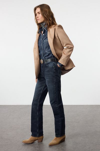 Trendyol Collection Magas derekú sötétkék hosszú egyenes farmernadrág - TWOAW25JE00207