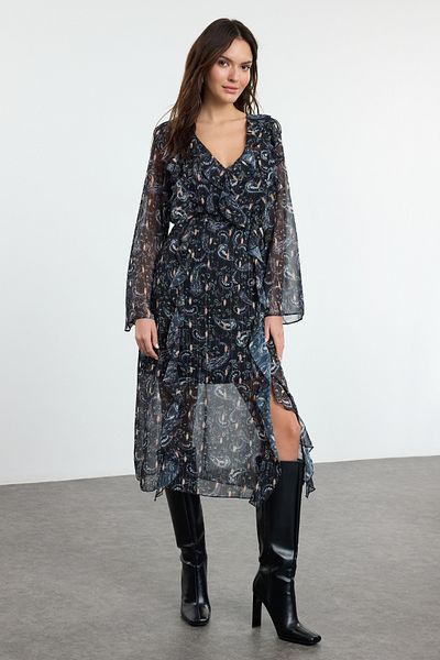 Trendyol Collection Μαύρο μίντι φόρεμα με βολάν σε γραμμή Α - Φόδρα, υφαντό, TWOAW25EL00494