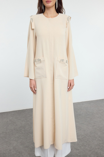 Trendyol Modest Beige Crepe Processing Detailed Belted Woven Cap & Ferace Tctaw25Kf00018
